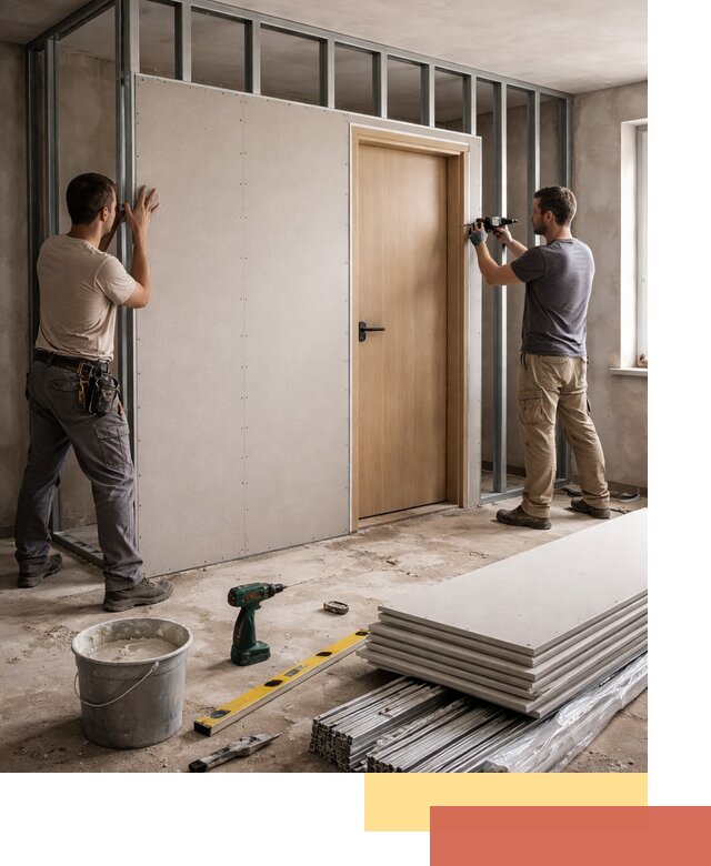 Перегородка из гипсокартона с дверью под ключ в Россоши