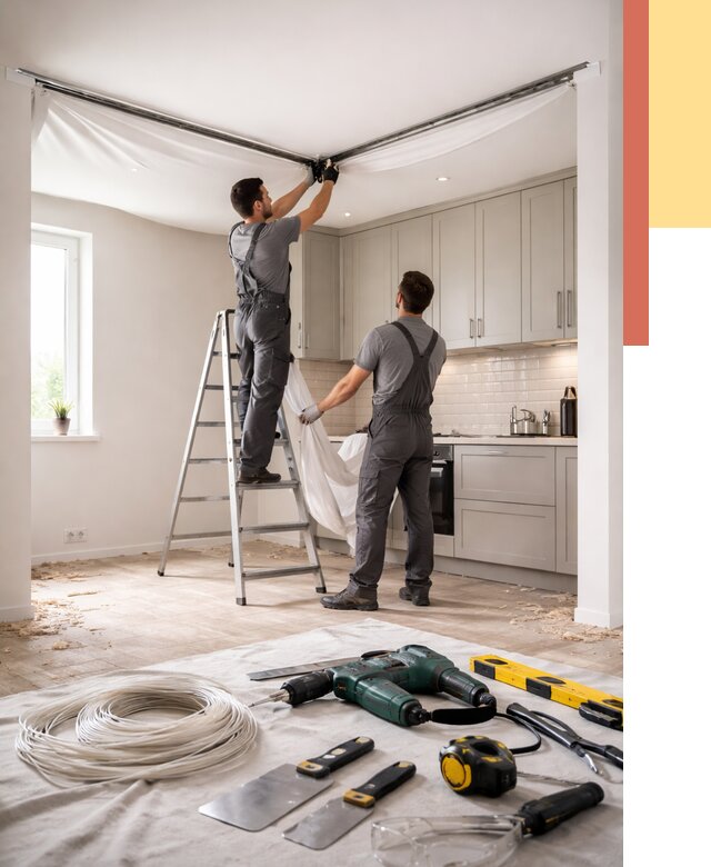 Установка натяжного потолка на кухне в Россоши от 2489 руб. | ОТДЕЛОЧНИК-Рсс