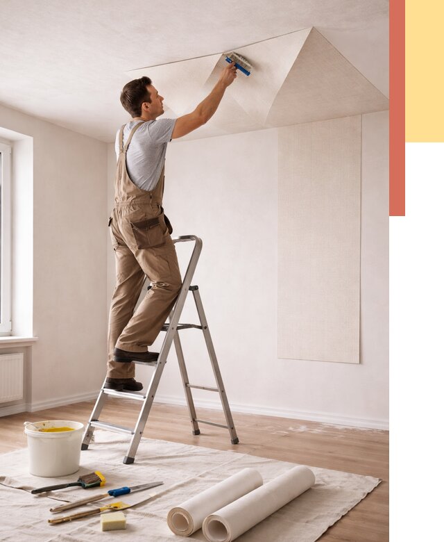 Поклейка обоев на потолок в Россоши от 4666 руб. быстро и недорого | ОТДЕЛОЧНИК-Рсс